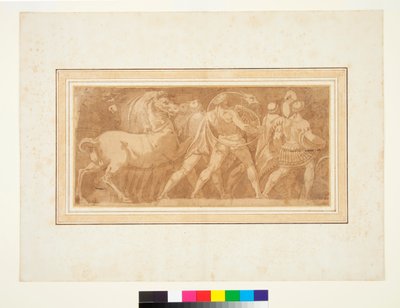 Fryz z częścią rzymskiego triumfu (pióro i brązowy tusz oraz brązowy wash) autorstwa Polidoro da (after) Caravaggio