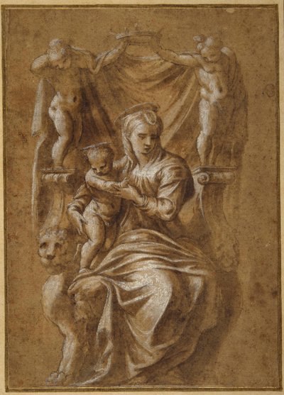 Madonna z Dzieciątkiem na tronie (pióro i brązowy atrament z kolorem ciała na papierze) autorstwa Polidoro da (follower of) Caravaggio