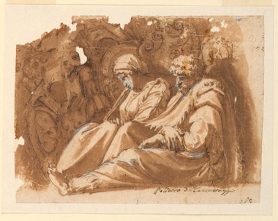 Siedzące postacie z trofeum autorstwa Polidoro da Caravaggio