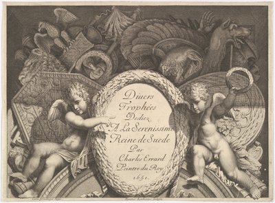 Strona tytułowa Trofeów broni Divers Trophées po fasadzie Palazzo Milesi w Rzymie, 1651 autorstwa Polidoro da Caravaggio