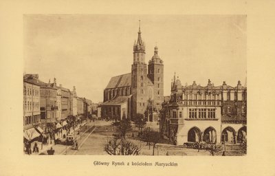 Krakow-Krakau: Glowny Rynek z kosciolem Maryackim (b/w photo) autorstwa Polish Photographer