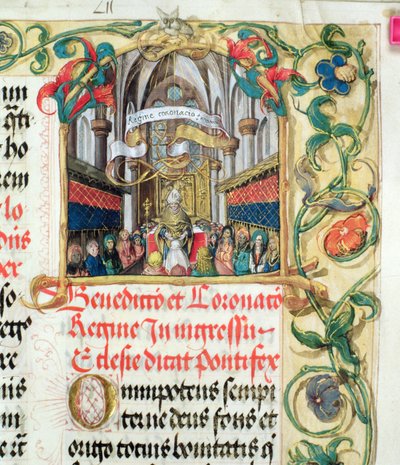 Koronacja Królowej Polski od Papieża Biskupa Erazma Ciołka, ok. 1510 (tempera i złoto na pergaminie) autorstwa Polish School