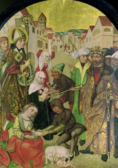 Św. Stanisław (1030-79) oglądający karanie niewiernych żon na polecenie króla Bolesława II (1039-81) panel z Ołtarza św. autorstwa Polish School