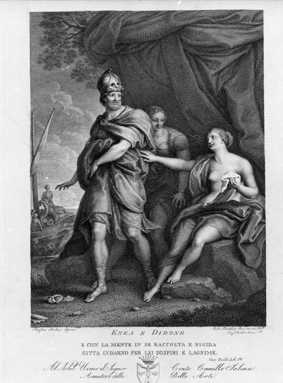 Eneide de Virgil (70 pne-19 pne), księga IV, bohaterowie trojańscy Enee porzuca Didona, który desperacko popełni samobójstwo. Grawer według obrazu Pompeo Batoniego (1708-1787) autorstwa Pompeo Girolamo (after) Batoni