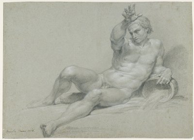 Studium aktu leżącego męskiego modela z uniesioną prawą ręką, w pozie antycznego boga rzeki, ujęcie ukośne z lewej strony autorstwa Pompeo Girolamo Batoni