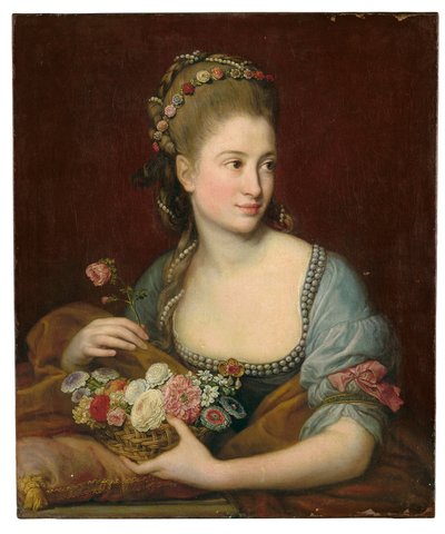 Portret damy jako Flora, do połowy długości, trzymająca wiklinowy kosz kwiatów autorstwa Pompeo Girolamo Batoni