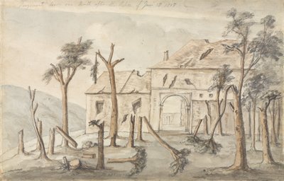Hougoumont narysowany miesiąc po Akcji 18 czerwca 1815, lipiec 1815 (ołówek i wc na papierze) autorstwa Ponsonby