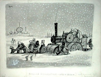 Popular Misconceptions: Life in Russia, ilustracja z Punch, opublikowana 27 grudnia 1939 (długopis, atrament, monochromatyczna akwarela i kolor ciała na papierze) autorstwa Pont