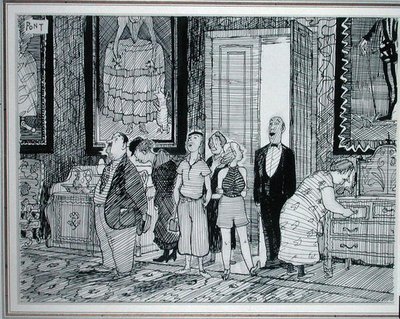 The British Character: żywe zainteresowanie zabytkowymi domami, ilustracja z Punch, opublikowana 8 lipca 1936 r. (pióro i tusz na papierze) autorstwa Pont