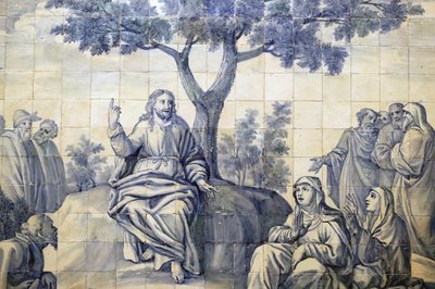 Kościół Miłosierdzia. Azulejos. Kazanie na górze. Jezus. Evora. Portugalia. autorstwa Portuguese School