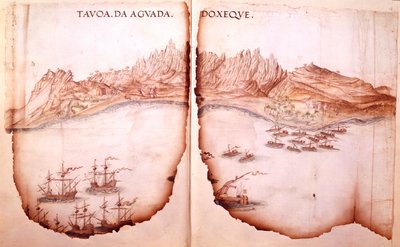 Cotton Tiberius D. IX, ff.11v-12 Widok Aguady, ilustracja z „Trasy podróży Goa do Morza Czerwonego”, Estevao de Gama autorstwa Portuguese School