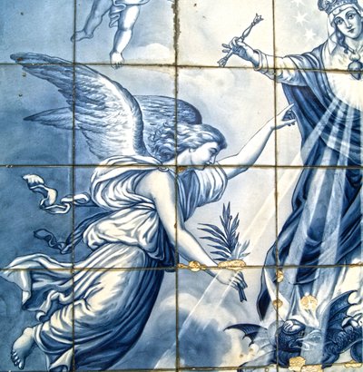 Dekoracyjny panel przedstawiający archanioła Gabriela i Matkę Boską miażdżącą uskrzydlonego węża, Lamego, Portugalia. 1738 autorstwa Portuguese School