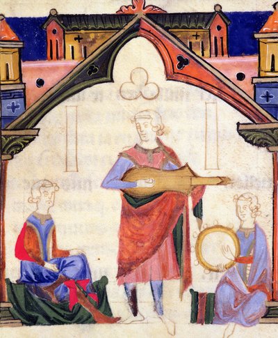 Fol.12v Muzycy grający na gitarze i tamburynie, z Chansonnier des Nobles autorstwa Portuguese School