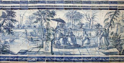 Degustacja owoców nad jeziorem w Azji - Azulejos, malowany fajans autorstwa Portuguese School