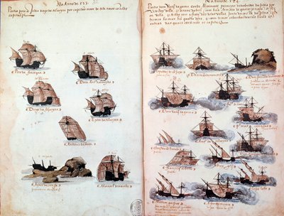 Strona rękopisu „” Pomniki armad Portugalii pod panowaniem króla Manuela I (1469-1521)”” przedstawiające floty portugalskie. 1523 p.n.e. Paryż autorstwa Portuguese School