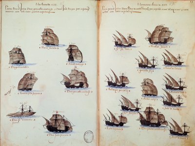 Strona rękopisu „” Pomniki armad Portugalii pod panowaniem króla Manuela I (1469-1521)”” przedstawiające floty portugalskie autorstwa Portuguese School