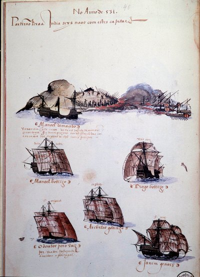 Strona rękopisu „Wspomnienia o armadach Portugalii pod panowaniem króla Manuela I (1469-1521)” przedstawiające floty portugalskie roku 1497. 1500 Lizbona, Narodowe Muzeum Sztuki Starożytnej autorstwa Portuguese School