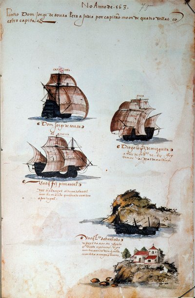 Strona rękopisu „Wspomnienia o armadach Portugalii pod panowaniem króla Manuela I (1469-1521)” przedstawiające floty portugalskie roku 1497. 1500 Lizbona, Narodowe Muzeum Sztuki Starożytnej autorstwa Portuguese School