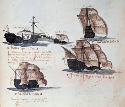 Pomniki Armady Portugalii pod panowaniem króla Manuela I (1469-1521): reprezentacja karawel floty portugalskiej. Miniatura z rękopisu z 1497 r. Lizbona. Narodowe Muzeum Sztuki Starożytnej autorstwa Portuguese School