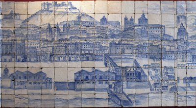 Panoramiczny widok na Lizbonę, przed trzęsieniem ziemi w 1755 r. - Azulejos początek XVIII w., tablica ostrzegawcza dawnego pałacu hrabiów Tentugal, Lizbona (Wspaniała panorama Lizbony przed trzęsieniem ziemi w 1755 r., fajans początek XVIII w., starożytny autorstwa Portuguese School
