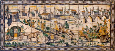 Singerie, ślub kur - Panel kafelkowy, ok. 1665, ze starej farmy Cadriceira, w Turcifal, Torres Vedras (Portugalia) (Ślub Kurczaka, Panel kafelkowy, ok. 1665) - Musee national des azulejos, Lizbona (Portugalia) autorstwa Portuguese School