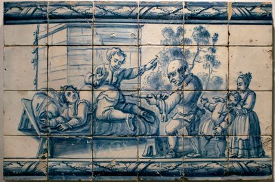 Lekarz wykonujący lewatywę pacjentowi - Panel satyryczny Lizbony, pierwsza połowa XVIII wieku (Lekarz - Panel satyryczny, pierwsza połowa XVIII wieku) - Musee national des azulejos, Lizbona (Portugalia) autorstwa Portuguese School