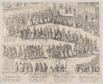 Procesja małżeńska na ślub Elżbiety Stuart, córki Jakuba I i... 1613 lub później. autorstwa Possibly by Abraham Hogenberg.