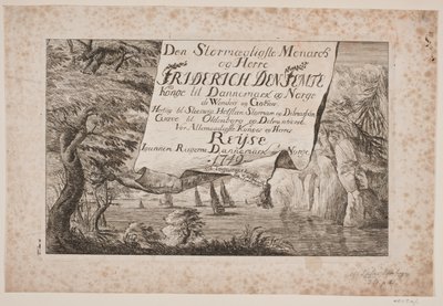 Strona tytułowa do podróży króla Fryderyka V przez Danię i Norwegię 1749 autorstwa Poul Isac Grønvold