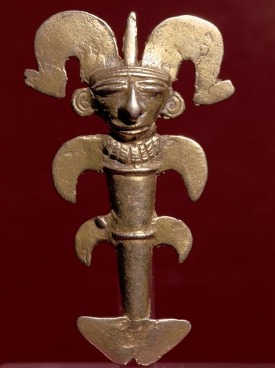 Sztuka przedkolumbijska, cywilizacja Quimbaya (Kolumbia): antropomorficzny wisiorek ze złota. 400-1400 n.e. Bogota, Museo de Oro, Kolumbia autorstwa Pre Columbian Pre Columbian