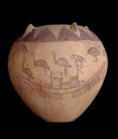 Wypalany gliniany słoik z malowaną dekoracją, w tym łodzie i zwierzęta, ok. 3400-3300 pne (glina) autorstwa Predynastic Period Egyptian