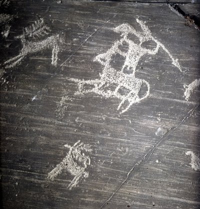 Cywilizacja Camunni, prehistoria, sztuka naskalna: skała grobowa, przedstawiająca myśliwych i jelenie. Rocher de Naquane, w Valcamonica (Val Camonica) autorstwa Prehistoric Prehistoric