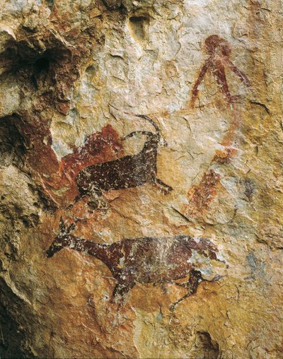 Scena polowania z jeleniem i koziorożcem (25000-15000 pne). Górny paleolit. El Perello, jaskinia La Cabra Freixet. autorstwa Prehistoric Prehistoric