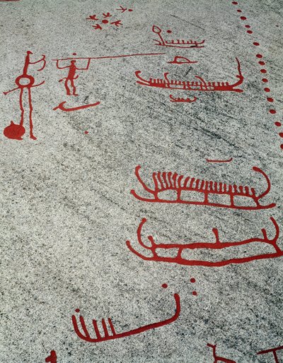 Nordycka epoka brązu: łodzie i sanie, rzeźby naskalne w Tanum, Szwecja autorstwa Prehistoric Prehistoric