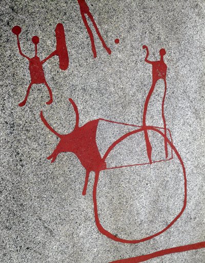 Nordycka epoka brązu: pług ciągnięty przez wołu, rzeźby naskalne w Tanum, Szwecja 1800-500 pne autorstwa Prehistoric Prehistoric
