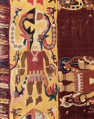 Cywilizacja prekolumbijska: ceremoniał w masce. 300-100 pne. Gobelin z Ica w Peru. Narodowe Muzeum Archeologiczne w Limie, Peru. autorstwa Prehistoric Prehistoric