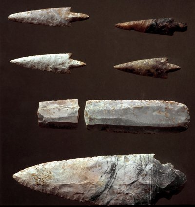 Prehistoria: groty strzał i krzemień z nekropolii Cantalupo-Mandela (Cantalupo Mandela), Lacjum. Wiek miedzi. Eneolityczny. 2200 pne. Rzym, Narodowe Muzeum Etnografii Prehistorycznej Luigi Pigorini autorstwa Prehistoric Prehistoric