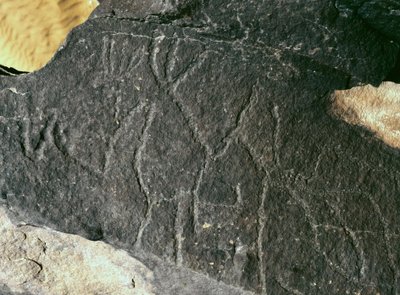 Prehistoria, sztuka naskalna: poważny rock. Epoka kamienia 5000-2000 p.n.e. Taghit, Hoggar Highland (Ahaggar), Algieria autorstwa Prehistoric Prehistoric