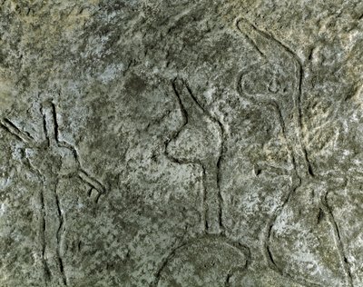 Prehistoria, sztuka naskalna: petroglif (graffiti na kamieniu) przedstawiający scenę polowania. neolit, epoka kamienia. (Azerbejdżan) Epoka brązu. Baku, Państwowe Muzeum Historii Religii Azerbejdżanu autorstwa Prehistoric Prehistoric