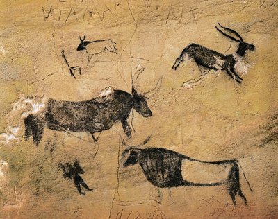Sztuka naskalna: jeleniowate i krowy. Z Hiszpanii, El Cogul, Cave dels Moros. Prehistoria, mezolitu (fresk) autorstwa Prehistoric Prehistoric