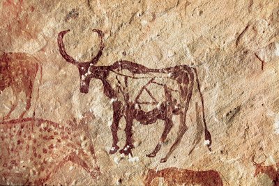 Malarstwo naskalne: przedstawienie jeleniowatego. Jaskinia Tadrart Acacus Libia autorstwa Prehistoric Prehistoric