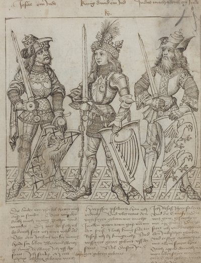 Jozue, król Dawid i Judas Maqboose autorstwa Primary Master of the Strassburg Chronicle