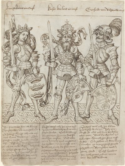 Król Artur, Karol Wielki i Godfrey z Boulogne autorstwa Primary Master of the Strassburg Chronicle
