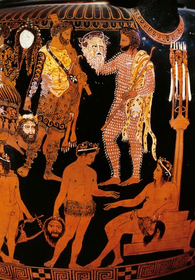 Wazon Pronomos, krater z czerwonymi figurami. Szczegółowo przedstawiający Herkulesa (Heraklesa), przygotowania do satyrycznego dramatu w obecności Dionizosa i Ariany, postacie trzymają maski teatralne. 400 pne. Neapol, Museo Archeologico Nazionale autorstwa Promonos Painter