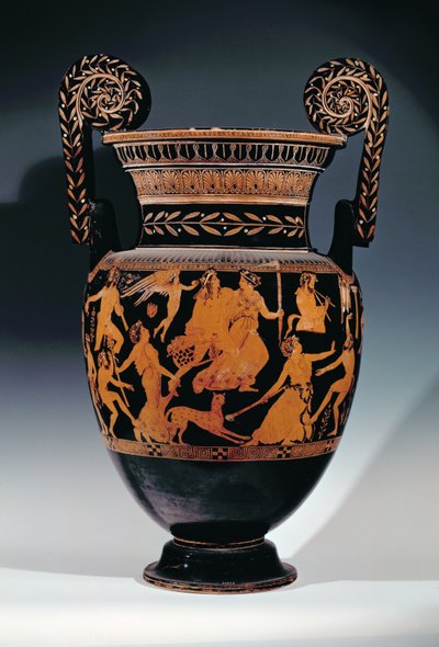 Czerwonofigurowy na poddaszu krater wolutowy, ozdobiony sceną aktorów i muzyków przygotowujących się do przedstawienia, grecki, z Ruvo, V w. p.n.e. (ceramiczny) (zob. też 119444, 119446-7) autorstwa Pronomos Painter