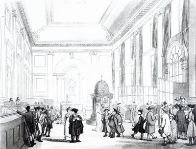 د انګلستان بانک، لوی تالار، د اکرمن د لندن مایکروکوزم څخه، 1809 (ایکواټینټ) پولی autorstwa Pugin and Rowlandson