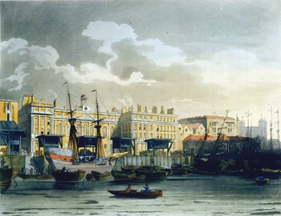 Dom celny nad Tamizą, z „Mikrokosmosu Londynu” Ackermanna, sztychowany przez Johna Blucka (fl.1791-1819), 1808 (akwatinta) autorstwa Pugin and Rowlandson
