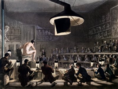 Rysunek z życia w Akademii Królewskiej, Somerset House, Londyn, z Mikrokosmosu Londynu R. Ackermanna, 1810 (akwatinta barwna) autorstwa Pugin and Rowlandson