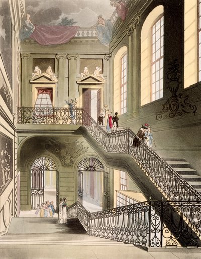 Hall and Staircase w British Museum, z książki „Microcosm of London” wydanej przez R. Ackermanna 1808 autorstwa Pugin and Rowlandson