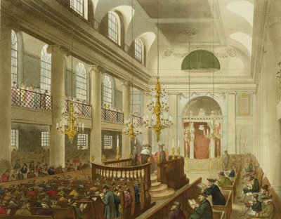 Synagoga, Dukes Place, Houndsditch, z "Mikrokosmosu Londynu" Ackermanna, rytowana przez Sunderlanda, 1809 (akwatinta) autorstwa Pugin and Rowlandson