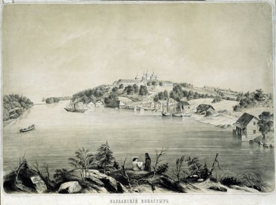 Klasztor Valaam (lub Valamo) na wyspie Valaam na jeziorze Lagoda (Rosja) (klasztor Valaam na wyspie Valaam na jeziorze Lagoda). Rysunek Piotra Fiodorowicza Borela (1829-1898). Litografia, 53,3 x 70,5 cm autorstwa Pyotr Fyodorovich Borel